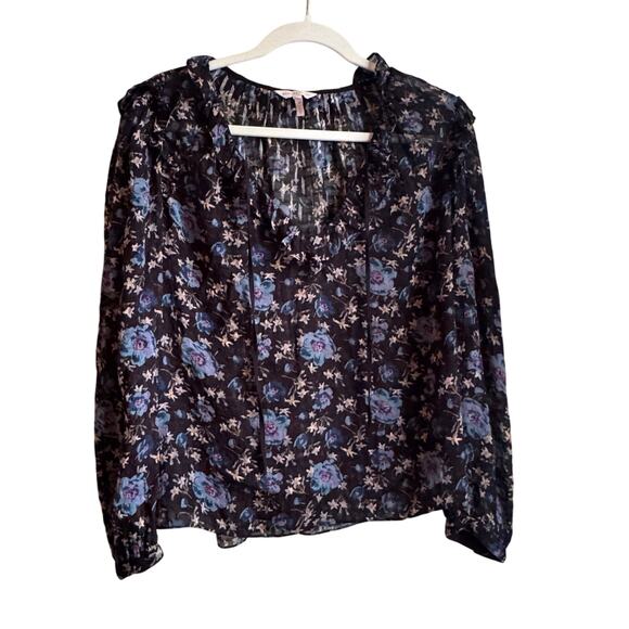 Rebecca Taylor Solstice Black Puff Sleeve Blouse Blue Floral Silk Cotton Blend - Picture 2 of 8